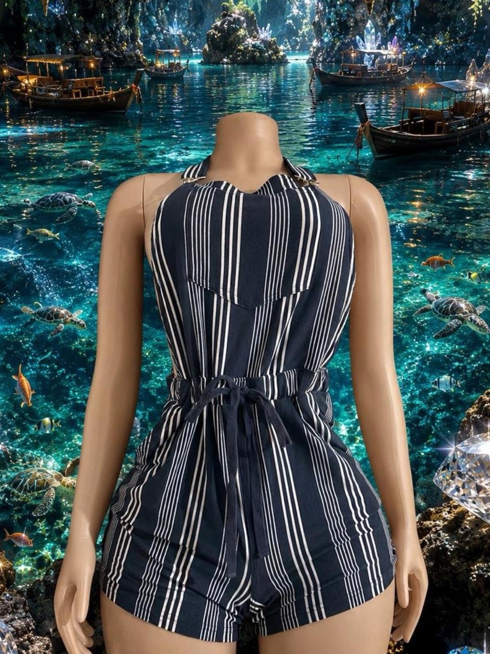 Striped Navy Halter Romper for Kids - Sleeveless One-Piece
